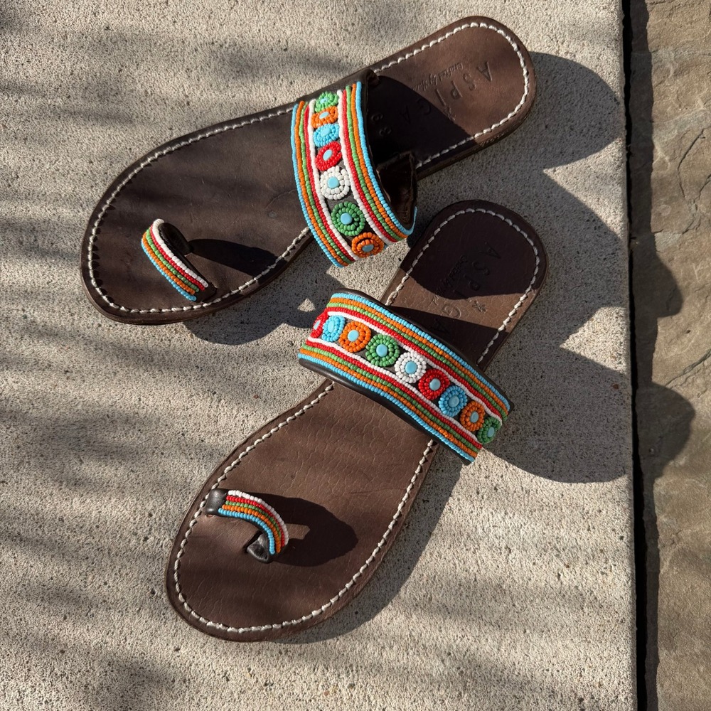 Aspiga Brown Leather Hand Crafted Beaded Toe Loop Sandals Boho Hippie Slides 39 - Picture 4 of 8